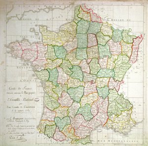 Franciaország térképe a megyék felosztásának terveivel, 1789 (színes litó és tinta)