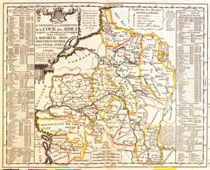A francia adóköteles területek térképe, 1709, Jean-Baptiste Nolin Le Theater du Monde-jából, 1717-ben megjelent (kézzel színezett metszet) alkotó: French School