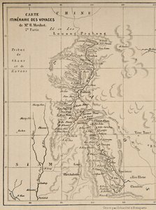 Laosz és a Mekong-folyó térképe, amely Henri Mouhot utazásának útvonalát mutatja, illusztráció az Utazások Indo-Kína (Siam), Kambodzsa és Laosz középső részein 1858-ban, 1859-ben című könyvéből.