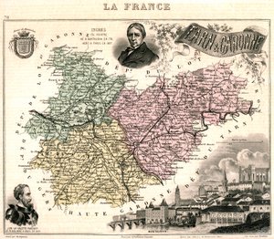 Tarn-et-Garonne térképe, kilátással Montaubanra, valamint Ingres és Jean Parisot de La Valette portréival (színes litó) alkotó: French School