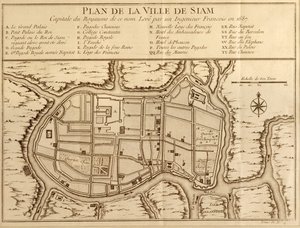 Sziam város térképe, az ilyen nevű királyság fővárosa egy francia mérnök 1687-ben végzett felmérése után, amelyet Antoine Prevost a Histoire Generale des Voyages 1751-es kiadásában tett közzé.