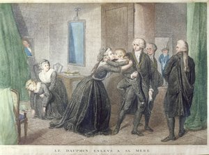 Marie-Antoinette (1755-1793) búcsút vesz fiától, Dauphintól, Louis-Charles de Bourbontól (1785-1795) a Templomban, 1793. július 3-án (színes metszet) alkotó: French School