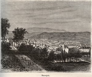Marvejols - Lozere - Languedoc-Roussillon - metszet a „La France illustrée: földrajz, történelem, statisztikai adminisztráció” könyvében, V.-A. Malátabarna. 1884 alkotó: French School