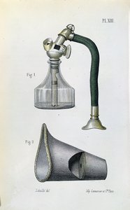 Maszk éter adagolásához a páciens érzéstelenítéséhez, Jean-Baptiste-Leon Dubreuil orvosi kézikönyvéből alkotó: French School