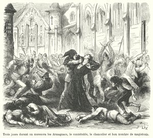 A burgundok által elkövetett armagnácok mészárlása, Párizs alkotó: French School