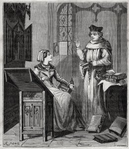 Matthieu Lansbert (Lansberg, Lansbergh, Laensberg vagy Laensbergh) (15.-16. század) et sa unokahúga - Metszet „Mindenki számára elérhetővé tett tudományok – fizika és kémia” című könyvbe, Alexis Clerc - 19. század vége - Magángyűjtemény alkotó: French School