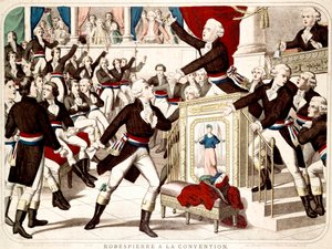 Maximilian Robespierre a kongresszuson (1794. Thermidor 19-i szeánsz), Jean Lambert (Jean-Lambert) Tallian késsel fenyegeti Robespierre-t - A korszak népszerű metszete alkotó: French School