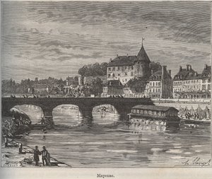 Mayenne település Nyugat-Franciaországban, Pays de la Loire régióban. V.-A. „La France illustree: geographia, történelem, közigazgatási statisztika” vésése. Maláta-barna. 1884 alkotó: French School