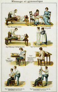 Masszázst és gimnasztikát illusztráló gyógyszertábla (bilzi húzás, természetes gyógymód) 19. század vége. alkotó: French School