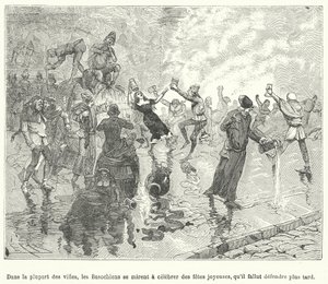 A Basaoche, a jogi hivatalnokok céhe tagjai fesztivált ünnepelnek egy középkori francia város utcáin (metszet) alkotó: French School