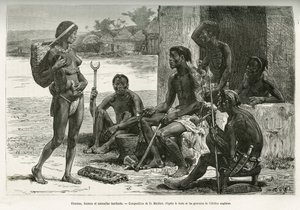 Férfiak, nők és használati tárgyak (Bihe régió, Ruanda). D. Maillart metszete, a "Hogyan szeltem át Afrikát az Atlanti-óceántól az Indiai-óceánig" című, Serpa Pinto őrnagy által 1877-1878-ban, a Tour du monde-ban megjelentetett, Ed. alkotó: French School