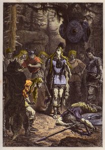 Merovingiens: Clovis 1er lelövi a katonát, aki összetörte Soissons vázát, en 486 - Clovis (465-511) és a frank harcos, aki összetörte Soissons vázát 486-ban - metszet a „” L