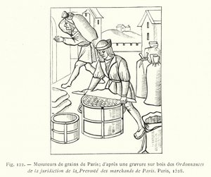 párizsi gabonamérők; egy fametszet a párizsi Ordannances de la Jurisdiction de la Prevoste des Marchands de Paris-ból alkotó: French School