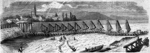 Meteorológiai jelenségek: a Rajna kiszáradása 1858-ban. Kilátás a Kehl-hídra (Németország), a francia parttól lefelé. Metszet a „” Le Monde Illustré”” 50. számában, 1858. március 27-én. alkotó: French School