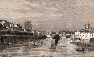 Metz – kilátás a Saint-Georges kikötőre – Moselle – V.A. Malt-Brown „La France illustrée: földrajz, történelem, statisztikai igazgatás” című metszete. 1884 alkotó: French School
