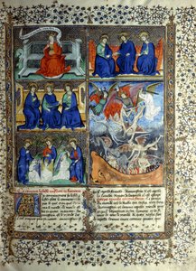 A mennyek országát ábrázoló miniatúra a teremtés előtt: Sapientia, a Szentháromság és Lucifer kiűzése a mennyből, 1410 körül alkotó: French School