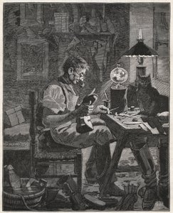Modern Appication a Pila Vitrea cipészétől. Vízzel teli üveggömb, amelyet az ember és az általa szemléltetett tárgy közé kell helyezni, hogy kinagyítsa és láthatóbbá tegye. Metszet 1885-ből a „Les arts et metiers illustres” című könyvében, A. alkotó: French School