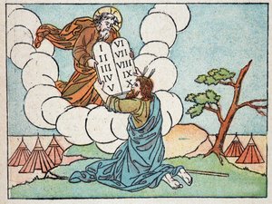 Mózes megkapja a törvénytáblázatokat – a „Szent Történelem 120 képben” c. House of Good Press, Párizs alkotó: French School