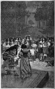Moliere és társulata XIV. Lajos király és Jules Mazarin bíboros (Giulio Raimondo Mazzarino vagy Mazarino) előtt játszott (1602-1661). Metszet a „The Illustrous World”-ben, 1886. alkotó: French School