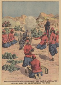 Marokkói tüzérek gyorstüzelő ágyúkkal francia katonai oktatók irányítása alatt (színes litho) alkotó: French School
