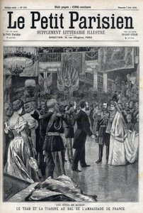 Moszkvai ünnepségek: II. Miklós orosz cár (1868-1918) és Alekszandra Fjodorovna Romanova cárnő (1872-1918) a francia nagykövetség bálján, a „Le petit Parisien” c. alkotó: French School