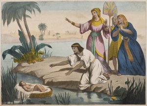 Mózes megmentve a Nílusból, illusztráció az LHistoire Sainte katekizmusból, kiadó: Charles Delagrave, Párizs alkotó: French School
