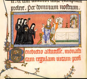 Ms.298 f82v Egy apátnő bemutatása, a metzi pápától, Raymond Barnak, Metz püspökének írva, 1302-16 alkotó: French School