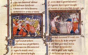 Ms 1044 fol.20 Jupiter kontra Szaturnusz: A Szaturnusz megtanítja a langobardokat a sarló használatára, az Ovide Moralise-ból, írta Chretien Legouais alkotó: French School