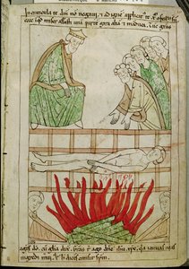 Ms 108 fol.213 Szent Lőrinc vértanúsága i.sz. 258-ban, egy Bibliából alkotó: French School