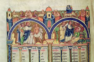 Ms 10 f.128v Az evangélisták kánonja, részlet, amely Krisztust ábrázolja, amint meggyógyítja a vízhiányos embert, és kiűzi a démonokat egy megszállt emberből, latin nyelvű Bibliából alkotó: French School