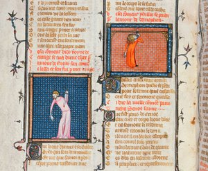 Ms 1126 Dido öngyilkossága kard által és Phyllis öngyilkossága akasztás által, Guillaume de Loris és Jean de Meung Le Roman de la Rose című művéből, 1360-70 körül alkotó: French School