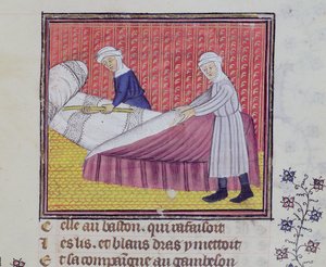 Ms 1130 fol.83r Szűz és szegénység ágyat vetve, a Le Roman des Trois Pelerinagesből, Guillaume de Digulleville alkotó: French School