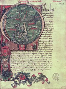 Ms 1321 fol.12 Történeti "O" kezdőbetű, amely a Földet ábrázolja, Pomponius Mela (Kr.u. 50 körül) "De Situ Orbis" című művéből 1418 1418 alkotó: French School