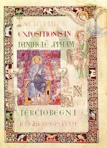 Ms 132 f.2v Daniel a Habakuk által táplált oroszlánok odújában, Szent Jeromos Prophetas és Ecclesiasten magyarázatából alkotó: French School