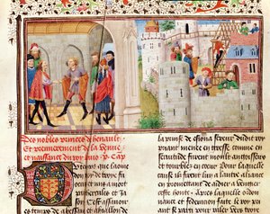 Ms 149 t.1 fol.16 Egy megállapodás és egy kastély építése, a Histoire des Nobles Princes de Hainaut, Jacques de Guise alkotó: French School
