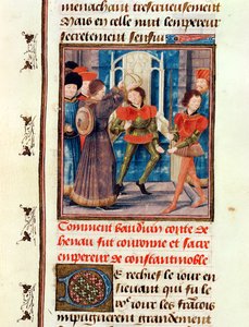 Ms 149 t.3 fol.183v Hogyan I. Baldwin (1171-1205) Hainaut hatodik grófját 1204-ben Konstantinápoly császárává koronázták, a Histoire des Nobles Princes de Hainaut, Jacques de Guise alkotó: French School