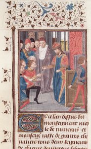 Ms 149 t.3 fol.95v Két lovag kinevezése a Histoire des Nobles Princes de Hainaut-ból, Jacques de Guise alkotó: French School