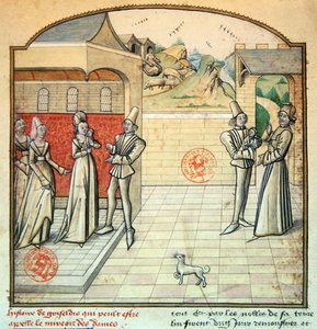 Ms 1560 Griseldis és férje, Saluces márki, illusztráció a "Fleur des Histoires"-ből, Giovanni Boccaccio után (pergamen). alkotó: French School
