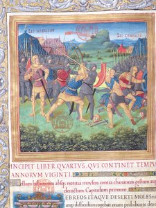 Ms. 1581 f. 071 Illusztráció a IV. könyvből (A nemzedék elutasításától Mózes haláláig), Flavius Josephus A zsidók régiségei (Antiquitates Judaicae) 1. fejezete - Harc alkotó: French School