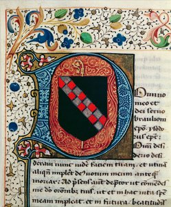 Ms 167 fol.69 Történelmi „D” kezdőbetű, amely a Clairvaux család címerét ábrázolja, Sevillai Szent Izidor „Etymologiae” című művéből alkotó: French School