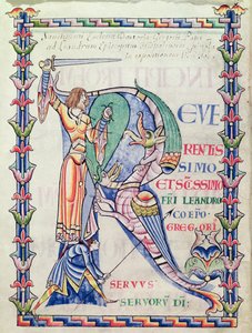 Ms 168 f.4v Történelmi kezdetű R, amely egy lovagot ábrázol, aki harcol egy sárkánnyal, a Moralia in Job című művéből, Nagy Gergely pápától alkotó: French School
