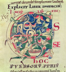 Ms 173 f.32 A szőlőszüretet ábrázoló történeti E kezdőbetű, Nagy Gergely pápa Moráliájából Jóbban alkotó: French School