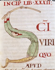 Ms 173 fol.148r Történelmi kezdetű S, amely egy cséplő embert ábrázol, a Morália Jóbban című művéből, Nagy Gergely pápától alkotó: French School