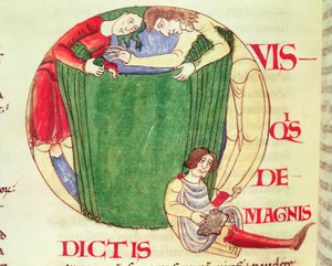Ms 173 fol.92v Történelmi kezdetű Q, amely drapériákat ábrázol, Nagy Gergely pápa, a burgundi iskola Moralia in Jobból alkotó: French School