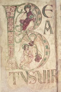 Ms 18 f.1v Történelmi kezdetű B, amely Szent János evangélistát és egy angyalt ábrázol, Corbie zsoltárából alkotó: French School