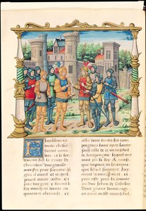 Ms 18 f.32v A konflani szerződés XI. Lajos és Merész Károly, Burgundia hercege között, 1465. október, Philippe of Commines (1445-1509) emlékirataiból alkotó: French School