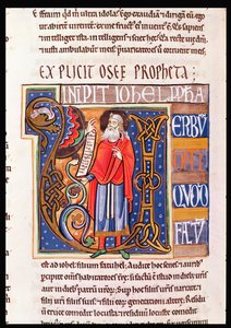 Ms 1 fol.193v Történelmi kezdetű U, amely Joelt ábrázolja, a Souvigny Bibliából alkotó: French School