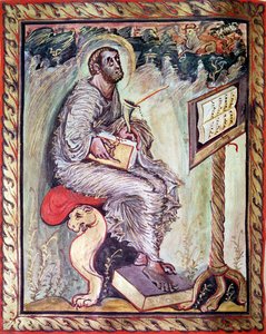 Ms 1 fol.90v St. Luke, az Ebbo-evangéliumokból, 816-835 körül alkotó: French School