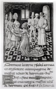 Ms. 1 fol. 6 v Franciaország Izabella, Anglia királynője búcsút vesz I. Vilmostól, Hainaut grófjától a Froissarts Chronicle-ból alkotó: French School