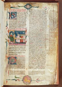 Ms. 2046 fol. 1 Oktatási jelenet, Hippokratész Aforizmák első oldala Galenus megjegyzéseivel alkotó: French School